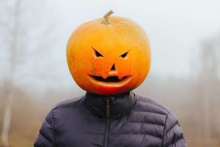 a man with a Halloween pumpkin on his head in a foggy fieldの写真素材