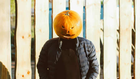 Halloween pumpkin head man in Jack lantern costume in autumnの写真素材