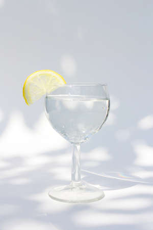 a glass of refreshing cold water with a slice of lemon in summer.の写真素材