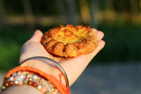 authentic baked goods Karelian. Rye dough pies with potato filling. National food wicket close-up