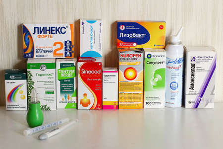 Russia, Saint Petersburg May 29, 2021 a set of tools to combat colds, acute respiratory illness, flu, virus, covid.のeditorial素材