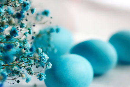 Close-up of beautiful blue Easter eggs. Easter decor. Selective focusの写真素材