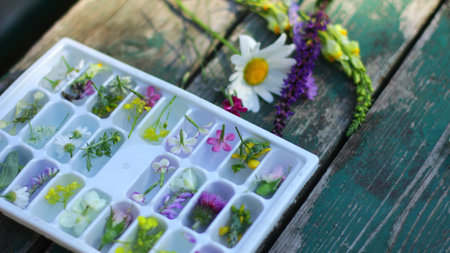 ice mold with water and flowers. summer background