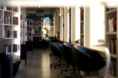 library, a large selection of books, reading while standing.