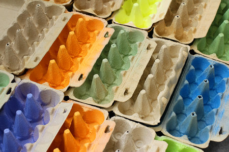 multi-colored egg trays made of paper pulp. The relevance of environmental recyclable materials for...