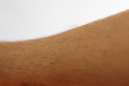 a leg covered with hair. Texture of human skin with hair. Close up. Depilationの写真素材