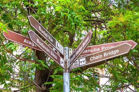 Signpost to tourist sights in Budapest, Hungaryの写真素材