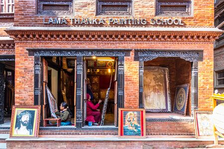 Bhaktapur, Kathmandu, Nepal, Asia - December 9,2019: Front view of the Lama Thanka Painting School established by Mr. Ram Bahadur Lama, where two artists paint their pictures with the door openのeditorial素材