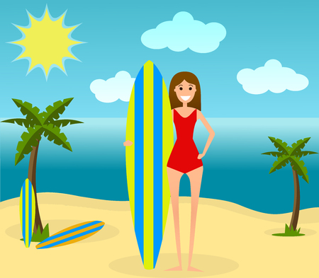 Young girl with surfboard. Vector. Flat style. Happy woman on the beach ready to surf. Concpet of summer vacation.のイラスト素材