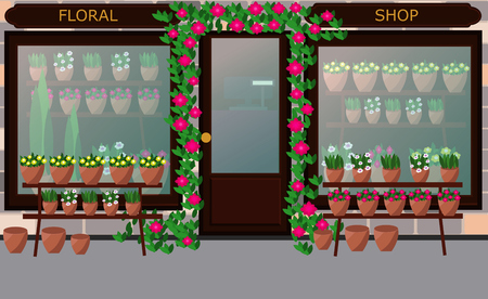 Flower shop facade. Vector. Flat style. Illustration of a flower shop with flowers outdoors and inside.のイラスト素材