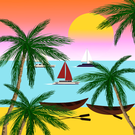 Boats on a beach vector illustration. Concept of summer vacation. Palms on a beach. Sunset illustration.のイラスト素材