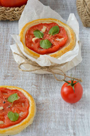 Tomato tart with fresh marjoram and garlic  Close-up の写真素材