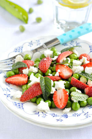 Minted Pea Salad with Strawberries and Feta cheese  Close-up の写真素材