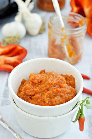 Ajvar in jar   Balkan Red Pepper Relish, Serbia  Selective focus の写真素材