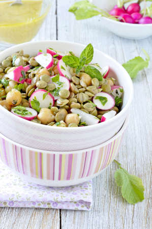 Green lentil and chickpea salad with radish and herbs Selective focus   の写真素材