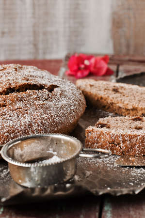 Delicious buckwheat cake with walnuts and candied cherries. Homemade sweet.の写真素材