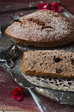Delicious buckwheat cake with walnuts and candied cherries. Homemade sweet.の写真素材
