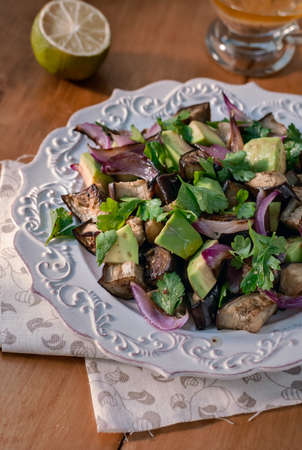 Roasted Eggplant Salad with Avocado and Red Onionの写真素材