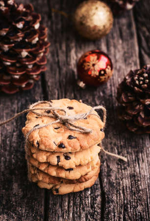 Stack of Holiday Chocolate Chip Cookies at Christmas Time, Toned Imageの写真素材
