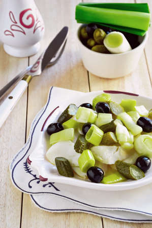 Salted Cod Fish (Baccala? ? ?) and Leek Salad with Almonds, close-upの写真素材