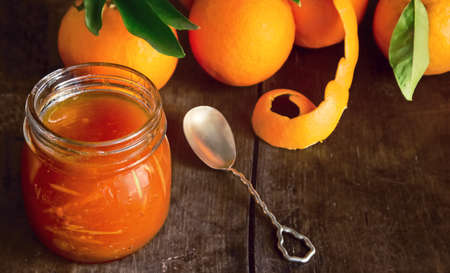 Orange Jam in a jar, Orange Marmalade. Close-up, Horizontalの写真素材