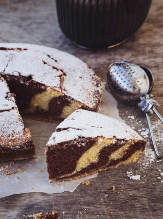 Piece of Zebra Cake with Chocolateの写真素材