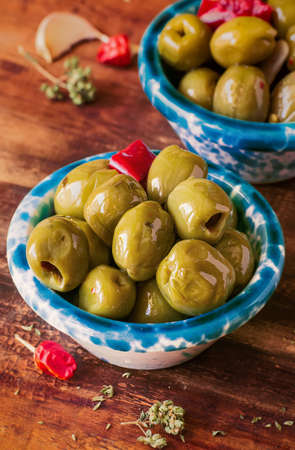 Green Olives with Chili, Oregano. Close-upの写真素材