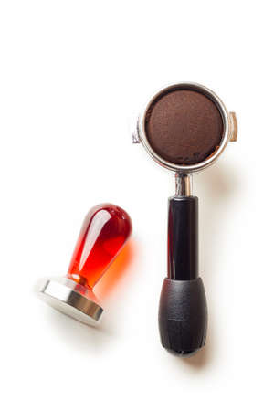 Some baristas equipment isolated on white background. Coffee pod coffee brewing device maker.  It can be used for topics related to professional preparation of coffee, latte, cappuccino.の写真素材