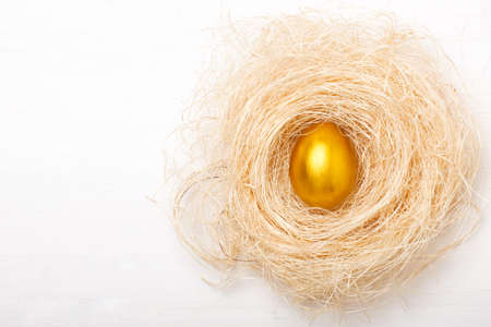 Golden egg in a nest on a white background. The concept of wealth, luck, business, treasure, prosperity.の写真素材