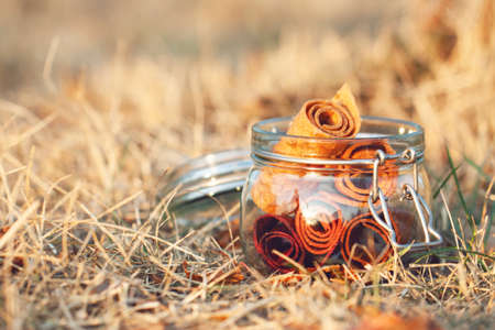 Glass jar with fruit pastille roll-up on a natural grassy background.の写真素材