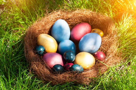 Easter eggs in organic colors on the spring grass. The concept of stylish natural decoration for...