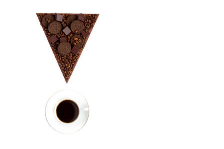 triangle of chocolate and biscuits and a Cup of coffee on a white background, next to the inscriptionの写真素材