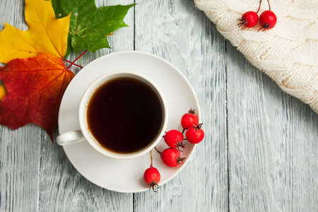 Abstract background with autumn leaves and hot coffee cup. Yellow Fallen autumn leaves
