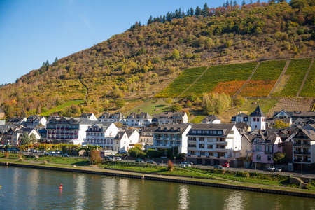 Autumn city of Cochem in Germany. Many houses on the mountain among the vineyards and the Moselle...