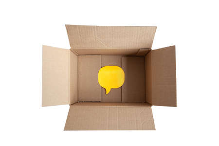 opening empty box and stiker on white backgroundの写真素材