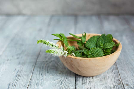 Fresh mint in a wooden bowl on a wooden rustic background.の写真素材