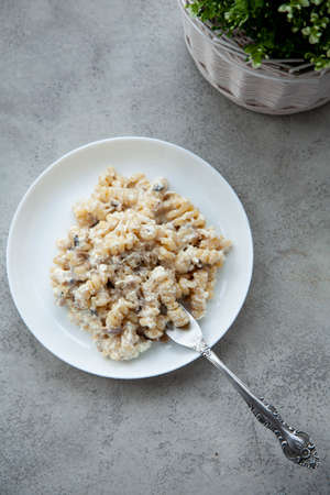Delicious dish fusilli pasta with creamy mushroom sauce on a gray stone table,top view.の写真素材