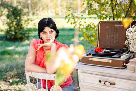 Girl - autumn listening to recordsの写真素材