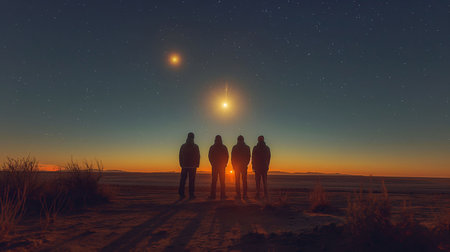 People are watching celestial event in the sky in the fieldの素材