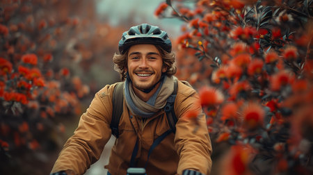 Handsome young man riding a bicycle through the blossomの素材