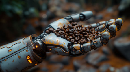 Robotic hand holding roasted coffee beansの素材