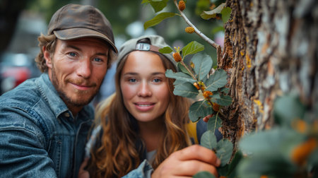 Couple of eco activists protecting tree in the cityの素材