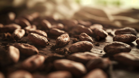 Cacao beans on a wooden tableの素材