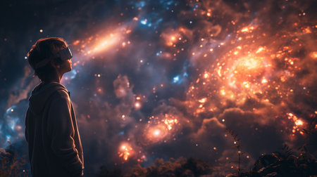 Child looking at hologram through smart glassesの素材