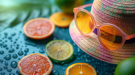 Hat, sunglasses and fruits on a table, vacation conceptの素材