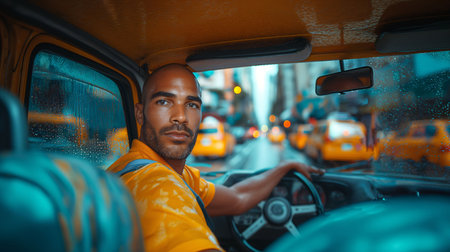 Cab driver posing in the carの素材