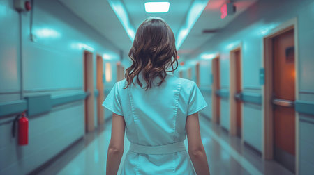 Doctor walking down the hospital hallの素材