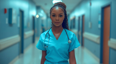 Doctor walking down the hospital hallの素材