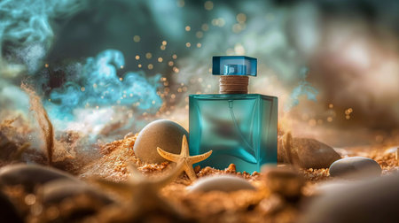 Perfume bottle with sisal rope on a sand under the watter with sparkles and starfishの素材