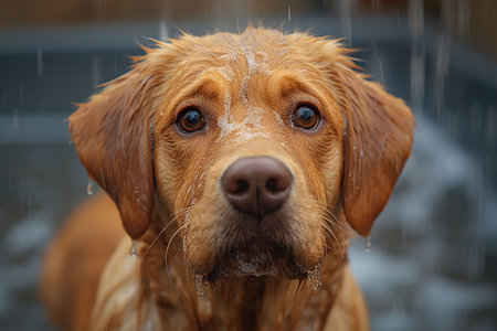 Adorable puppy getting washed in the tubの素材
